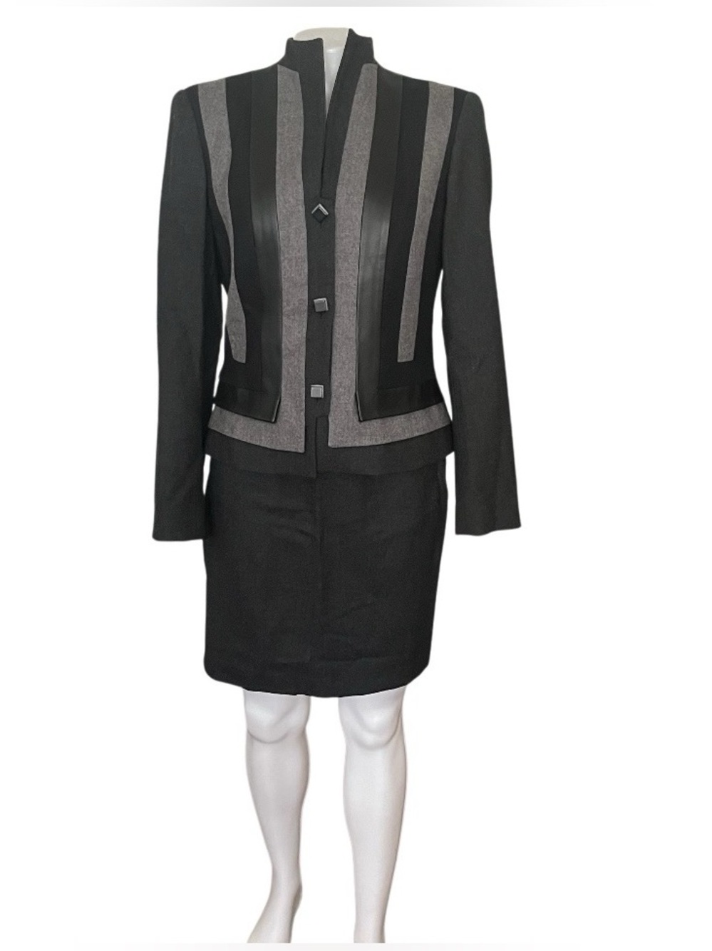 ALBERTO MAKALI Skirt Suit Worsted Wool Leather Trim Size 6 Made In USA VINTAGE